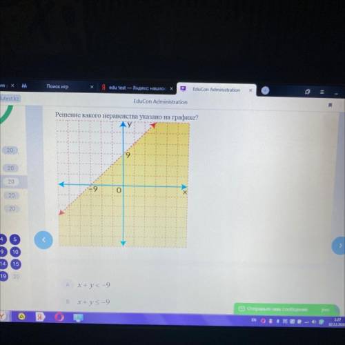 Выберите вариант ответа A. x+y<-9 B. x+y<=-9 C. x-y>-9 D. x-y>9 E. x-y<9