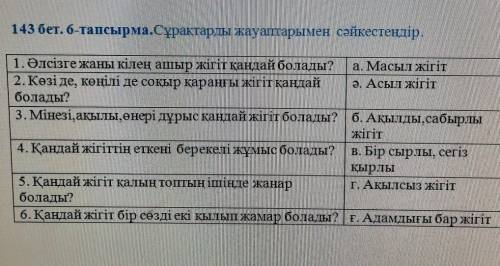 143 бет. 6-тапсырма.Сұрақтарды жауаптарымен сәйкестендір. 1. Әлсізге жаны кілең ашыр жігіт қандай бо