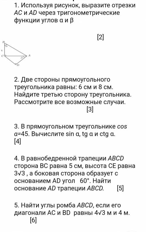 1. Используя рисунок, выразите отрезки AС и АD через тригонометрические функции углов α и β [2]2. Дв