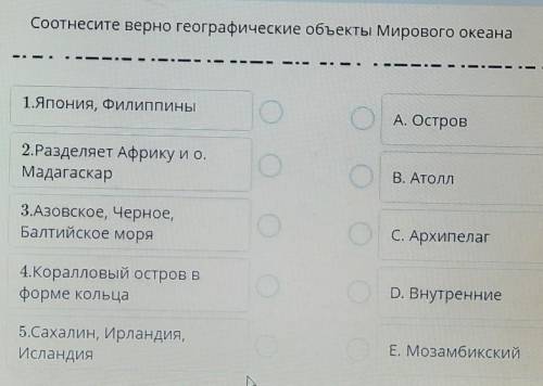 Соотнесите верно географические объекты Мирового океана 1.Япония, Филиппины2.Разделяет Африку и о.Ма