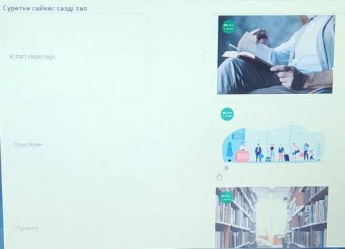 Суретке сәйкес сөзді тап.Кітап сөрелеріОқырманТіркелу​