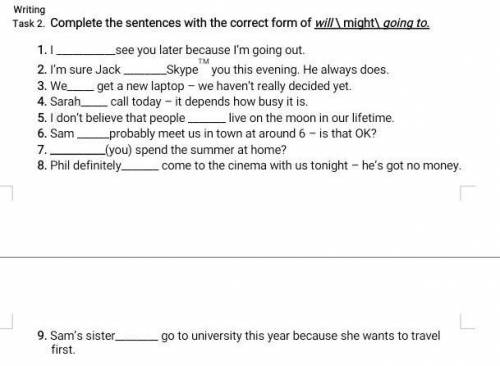 Complete the sentences with the correct form of will/might/going to
