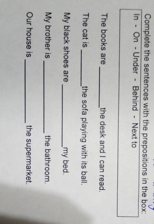 Complete the sentences with the prepositions in the box: In - On - Under - BehindBehind - Next toThe