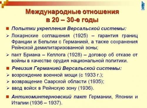 Подвести итоги международных отношений в 20-30-е г. ХХст. Не стоит расписывать всё подробно, достато