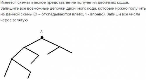 Имеется схематическое представление получения двоичных кодов. Запишите все возможные цепочки двоично