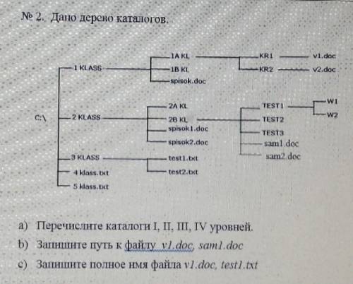 Дано дерево каталогов а) запишите каталоги 1,2,3,4 уровнейб) запишите путь к файлу v1.doc, sam1.docв