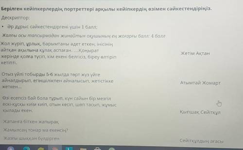 тез Берілген кейіпкерлердің портреттері арқылы кейіпкердің өзімен сәйкестендіріңіз.Дескриптор:Әр дұр