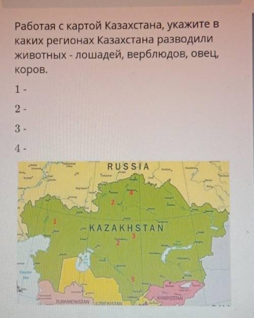 Работая с картой Казахстана, укажите в каких регионах Казахстана разводилиживотных - лошадей, верблю