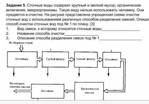 Задание 5. Сточные воды содержат крупный и мелкий мусор, органические включения, микроорганизмы. Так