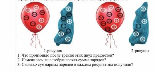 1. Что произошло после трения этих двух предметов? 2. Изменилась ли алгебраическая сумма зарядов?3.