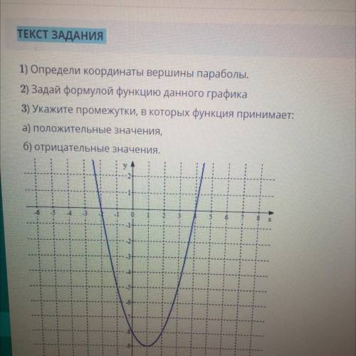 1) Определи координаты вершины параболы. 2) Задай формулой функцию данного графика 3) Укажите промеж