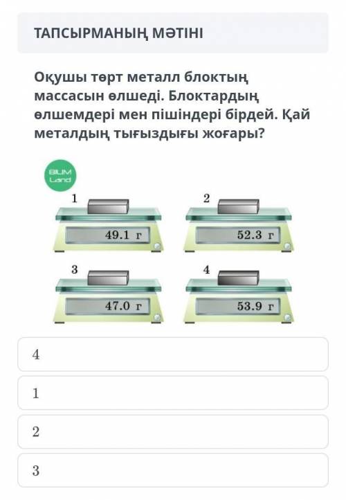 Оқушы төрт металл блоктың массасын өлшеді.блоктардың өлшемдері мен пішіндері бірдей.қай металл тығыз