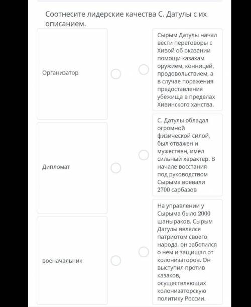 ТЕКСТ ЗАДАНИЯ Соотнесите лидерские качества С. Датулы с их описанием.ОрганизаторДипломатвоеначальник