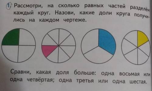 1) Рассмотри, на сколько равных частей разделен каждый круг. Назови, какие доли круга получи-лись на