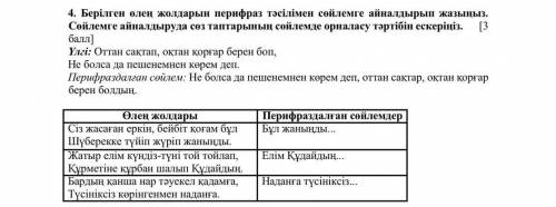 Берілген өлең жолдарын перифраз тәсілімен сөйлемге айналдырып жазыңыз. Сөйлемге айналдыруда сөз тапт