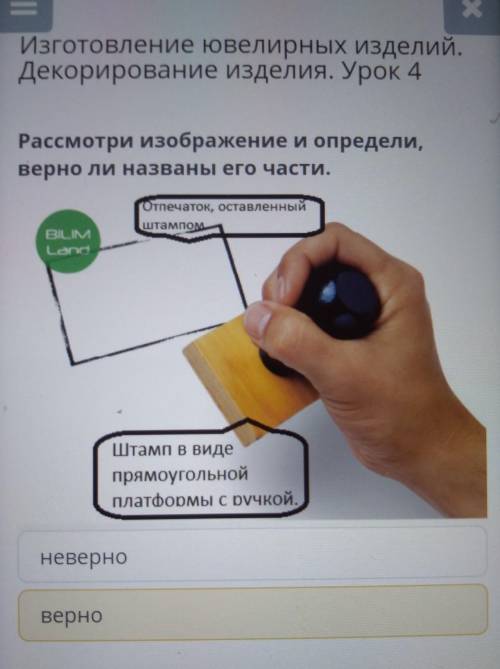 Рассмотри изображение и определи, верно ли названы его части.Отпечаток, оставленныйштампомBILIMLandШ