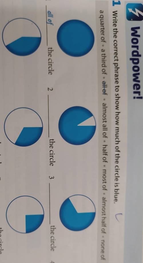 Write the correct phrase to show much of the circle is blue​