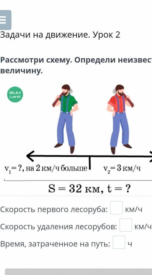 Рассмотри схему. Определи неизвестную величину. Скорость первого лесоруба:км/чСкорость удаления лесо