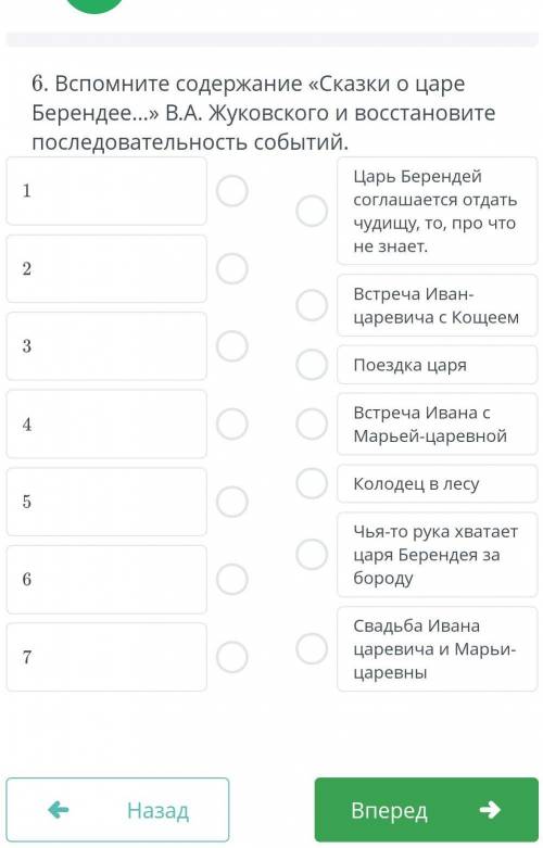 Вспомните содержание «Сказки о царе Берендее» В.А Жуковского и восстановите последовательность событ