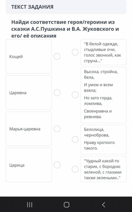 ТЕКСТ ЗАДАНИЯ Найдите соответствие персонажа / персонажасказки А. С. Пушкина и В. А. Жуковскогоего х