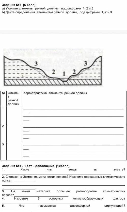 ) Укажите элементы речной долины, под цифрами 1, 2 и 3 б) Дайте определения элементам речной долины,