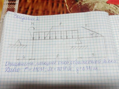 Определить реакции опор двухопорный балки F=110H,M=70Hm,g==6H/m