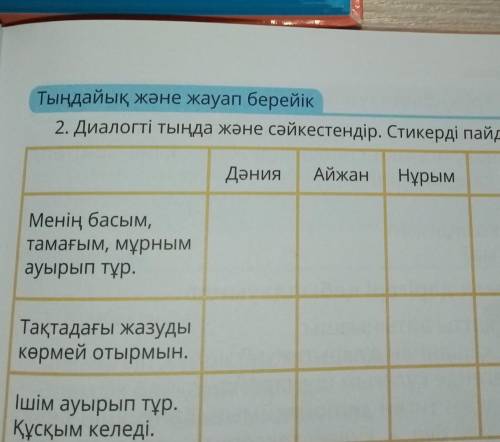 2. Диалогті тыңда және сәйкестендір. Стикерді пайдалан. дәнияАйжанНұрымМенің басым,тамағым, мұрнымау