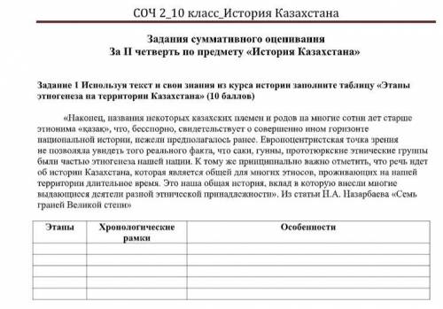 Используя текст и свои знания из курса истории заполните таблицу «Этапы этногенеза на территории Каз