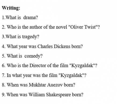 Writing: 1.What is drama?2. Who is the author of the novel Oliver Twist?3.What is tragedy?4. What