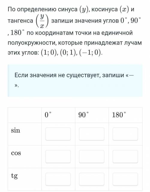 Задание в фотографиях. По определению синуса,косинуса,тангенса запишите значение углов 0,90,180 по к