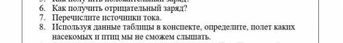 7. Перечисште псточники тока. 8. Пспользуя данные табшы и конспекте, определите, полет какихнасекомы