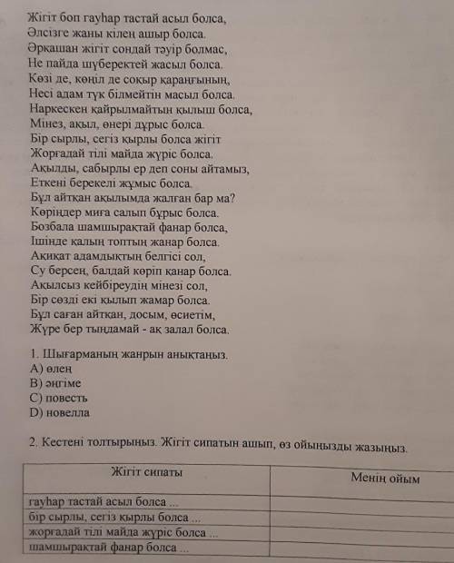 Кестені толтырыңыз. жігіт сипатын ашып, өз ойыңызды жазыңыз