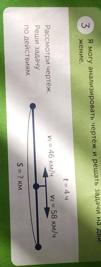 3 Я могу анализировать чертёж и решать задачи на дви-жение.t= 4 чV2 = 58 км/чV = 46 км/чРассмотри че