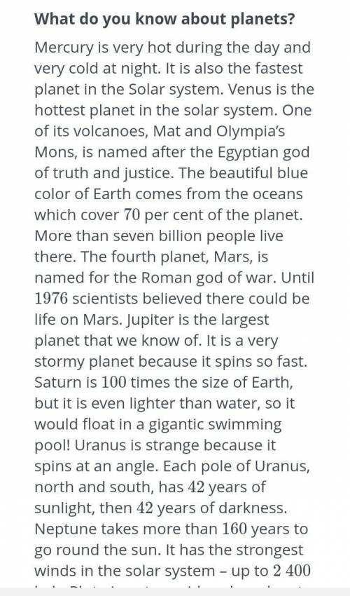 СОВЕТОМ 1.What is the weather like in Mercury?2.Which planet is the fastest in the Solar system?3.Wh