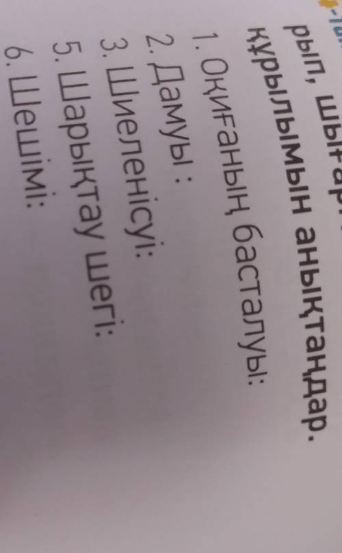 А! КАЗЫЛЫМ АЙТШІЛШІМып,ейыл2. Дамуы:3. Шиеленісуі:5. Шарықтау шегі:6. Шешімі:Б.Ti.4-тапсырма. Үзінді