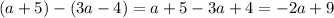 (a + 5) - (3a - 4) = a + 5 - 3a + 4 = - 2a + 9