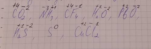 ￼￼￼￼визначте ступені окиснення елементів у сполуках: CO2, NH3, CF4, H2O, PbO, H2S, S, CuCi2.