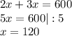 2x+3x=600\\5x=600 |:5\\x=120\\