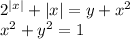 {2}^{ |x| } + |x|=y + {x}^{2} \\ {x}^{2} + {y}^{2}=1