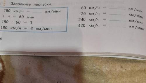 Км/мин E119. Заполните пропуски.180 км/ч =км/мин1 ч = 60 мин180 : 60 = 3180 км/ч = 3 км/мин60 км/ч =