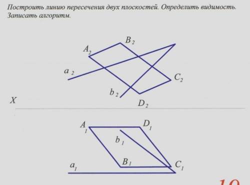 Построить линию пересечения двух плоскостей. Определить видимость.Записать алгоритм.​