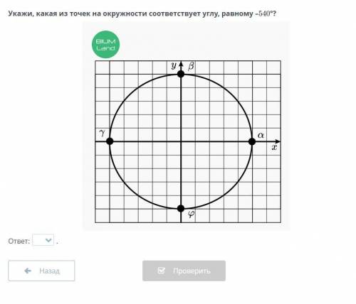 Билимленд. Укажи, какая из точек на окружности соответствует углу, равному –540°?