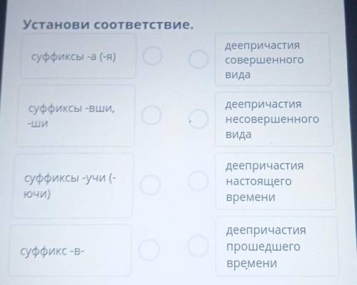 Установи соответствие оффиксы -а (4)Деепричастиясовершенноговидасуффиксы ви.Деепричастиянесовершенно