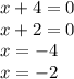 x + 4 = 0 \\ x + 2 = 0 \\ x = - 4 \\ x = - 2