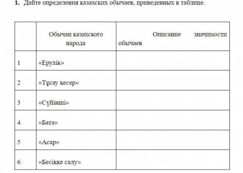 Дайте определения казахских обычаев, приведенных в таблице.