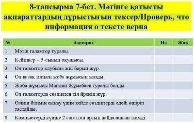 1 8-тапсырма 7-бет. Мәтінге қатысты ақпараттардың дұрыстығын тексер/Проверь, что информация о тексте