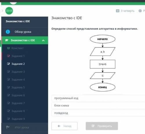 Определи представления алгоритма в информатике программный код блок-схема псевдокод​