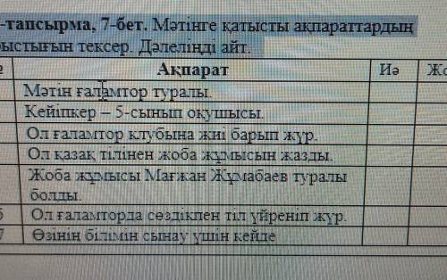 8-тапсырма, 7-бет. Мәтінге қатысты ақпараттардың дұрыстығын тексер. Дәлеліңді айт.​