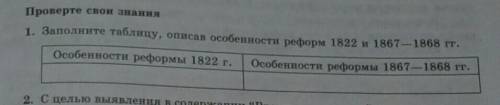 Заполни таблицу описывая особенности реформы 1822 и 1867 1868 года