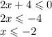 2x +4 \leqslant 0 \\ 2x \leqslant - 4 \\ x \leqslant - 2